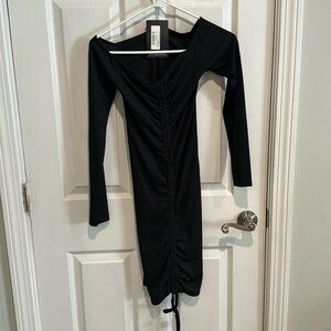 Pretty Little Thing Ruched long sleeve black bodycon dress. Size 10